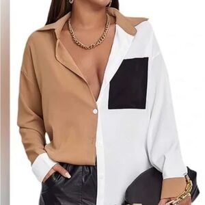 SHEIN White, Tan & Black Colorblock Button-Down Shirt